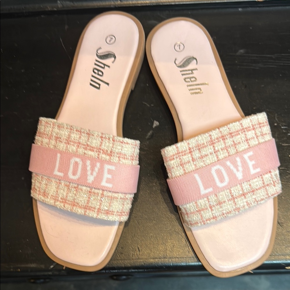 SHEIN Pink Tweed Slide Sandals with Love Detail